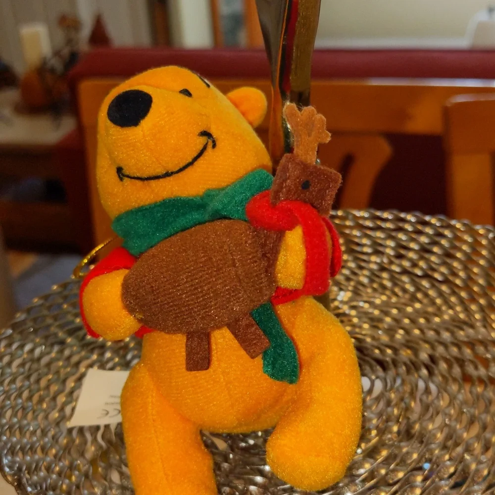 1999 Vintage Winnie the Pooh Holding A Reindeer Plush Ornament Tree Wreath